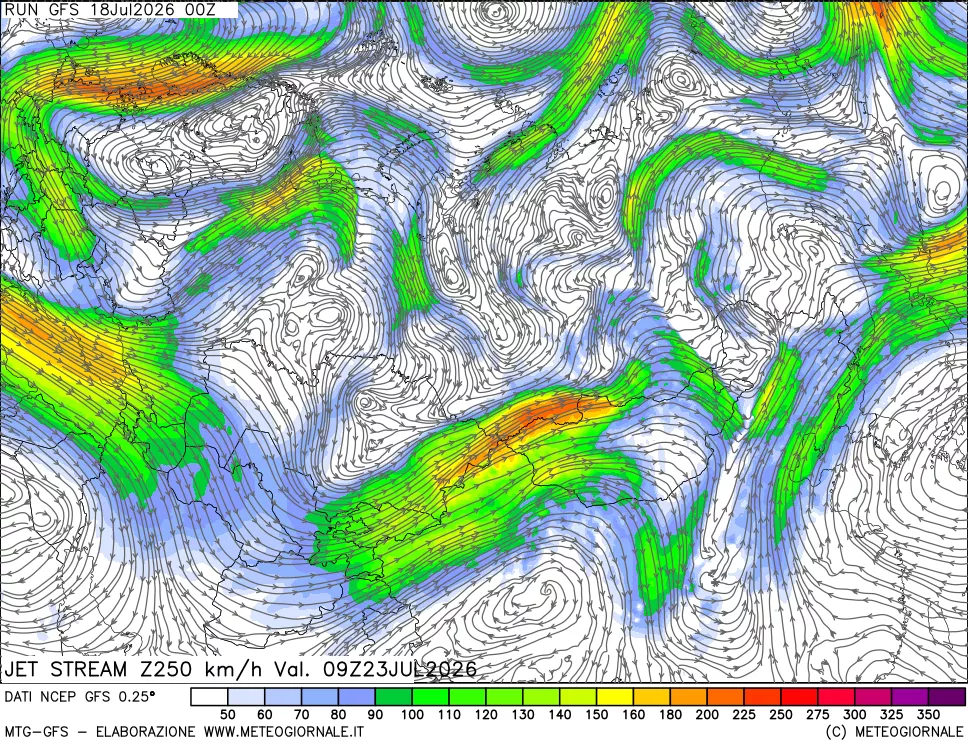mappa 250 hPa Jet stream