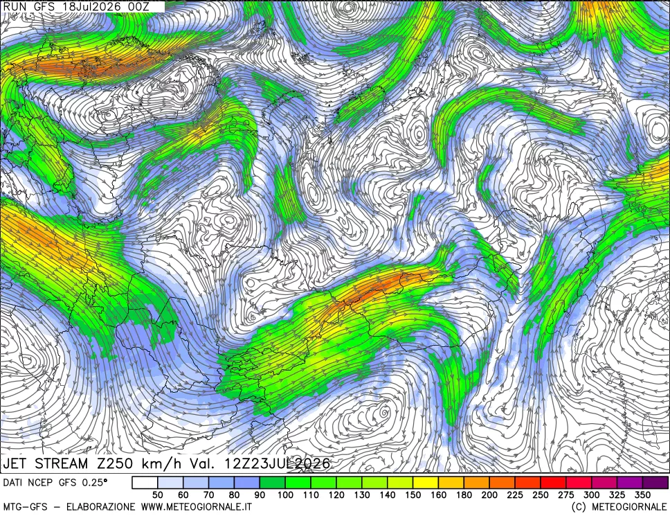 mappa 250 hPa Jet stream