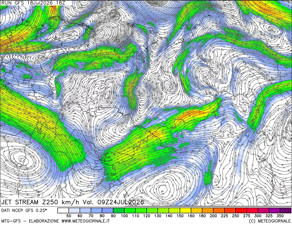 mappa 250 hPa Jet stream