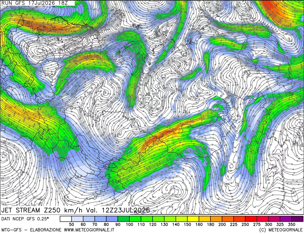 mappa 250 hPa Jet stream