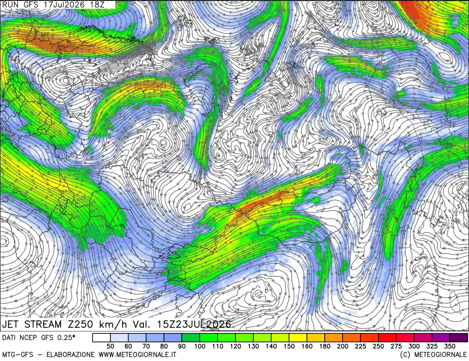 mappa 250 hPa Jet stream