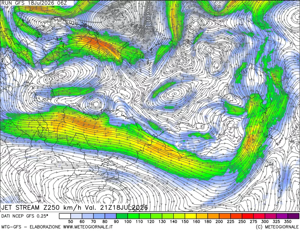 mappa 250 hPa Jet stream