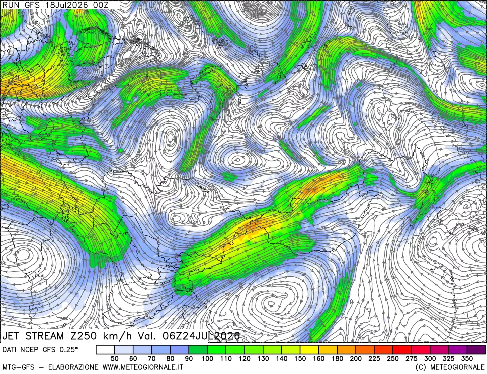 mappa 250 hPa Jet stream