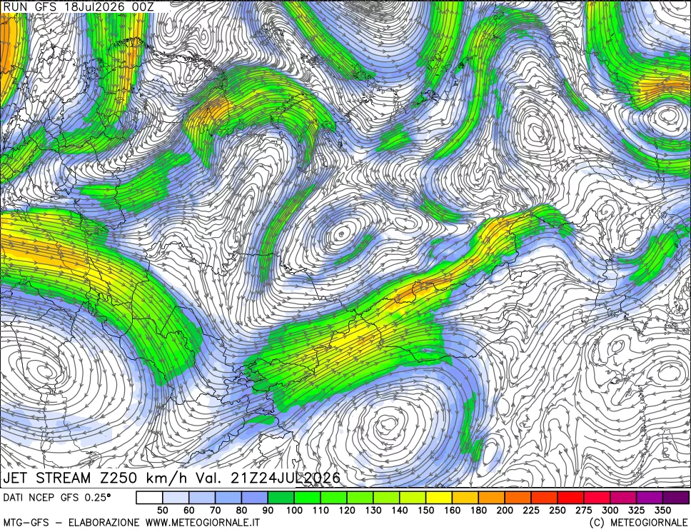 mappa 250 hPa Jet stream