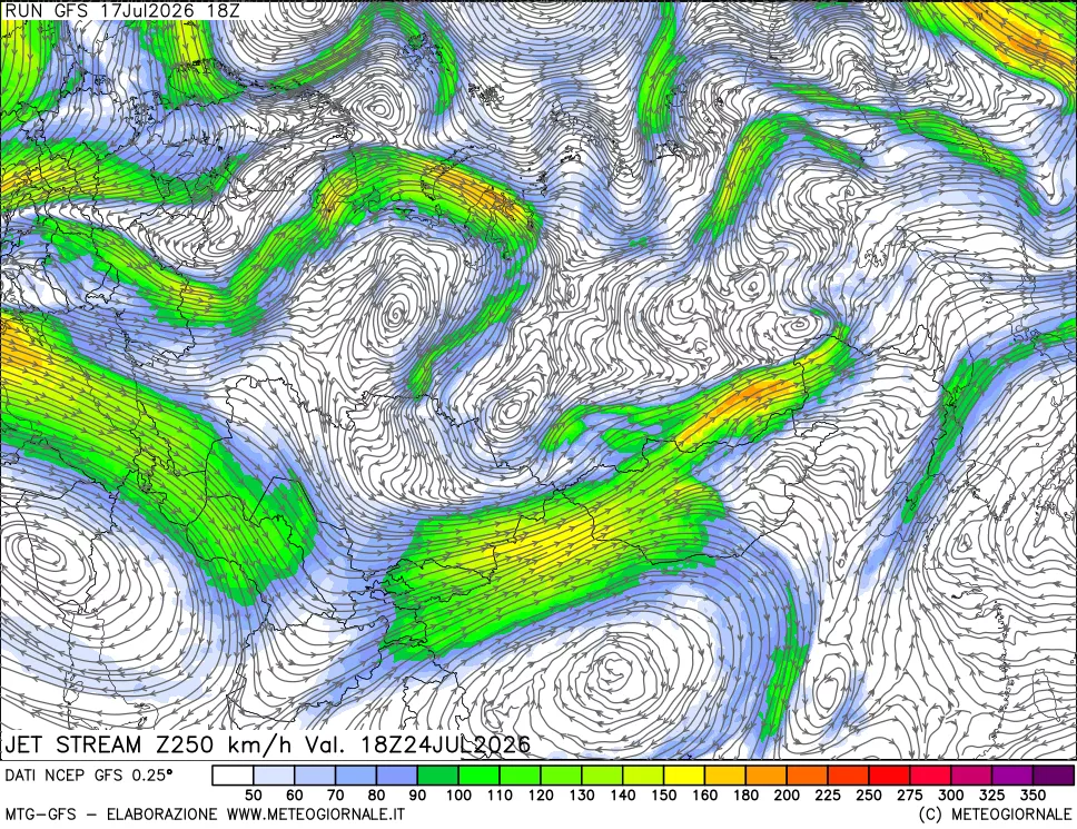 mappa 250 hPa Jet stream
