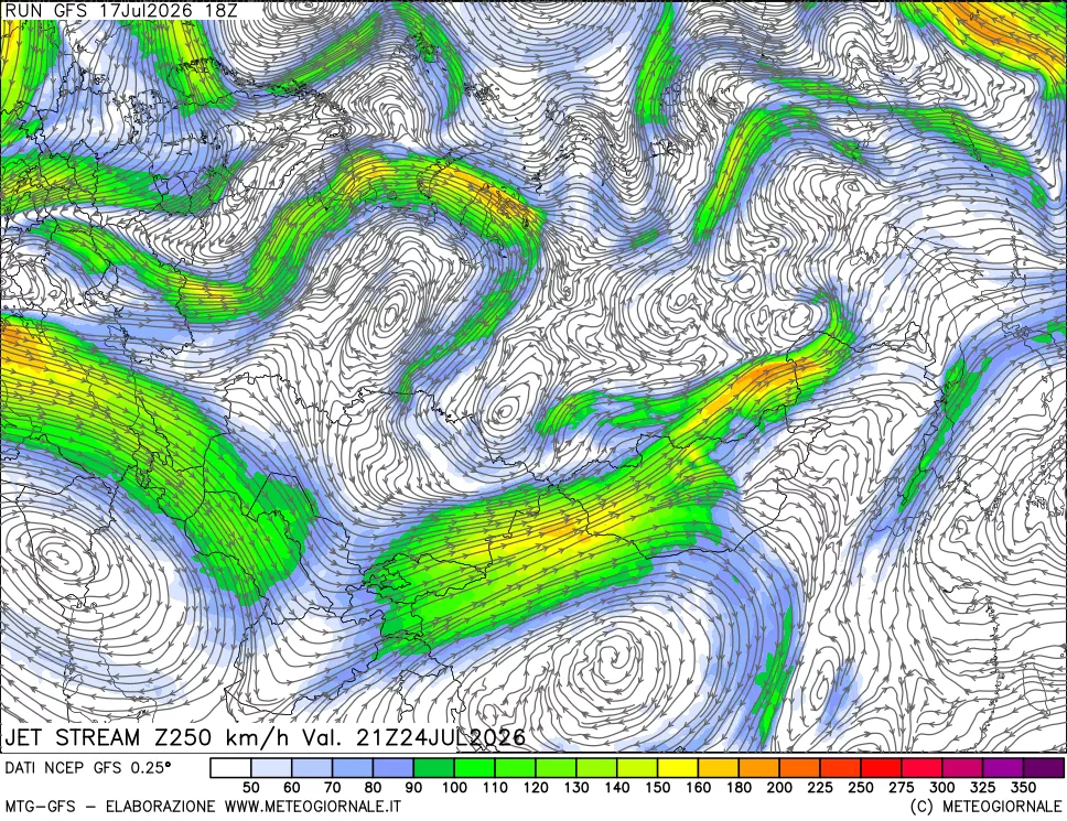 mappa 250 hPa Jet stream