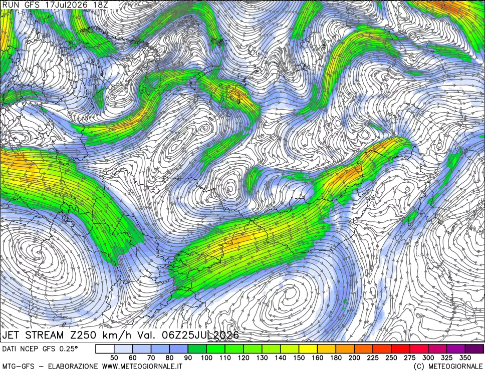 mappa 250 hPa Jet stream