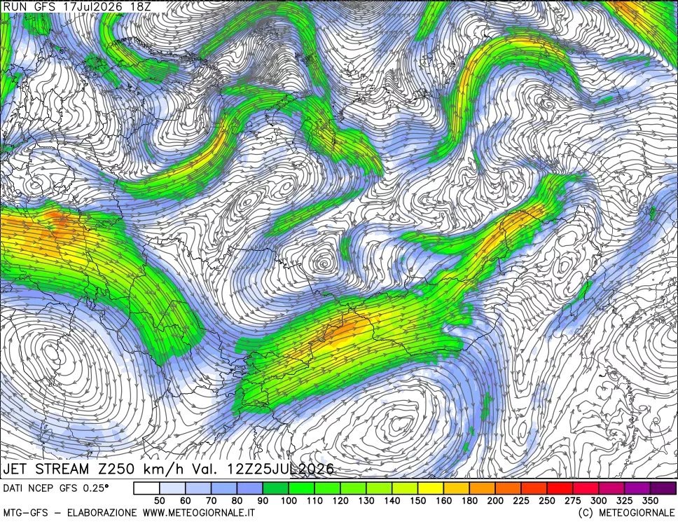 mappa 250 hPa Jet stream