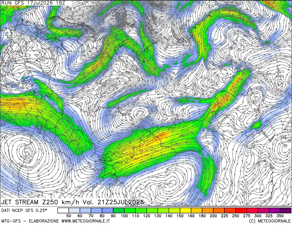 mappa 250 hPa Jet stream