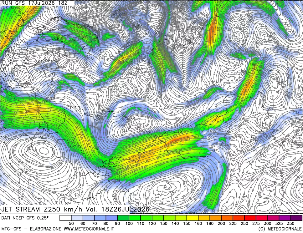 mappa 250 hPa Jet stream