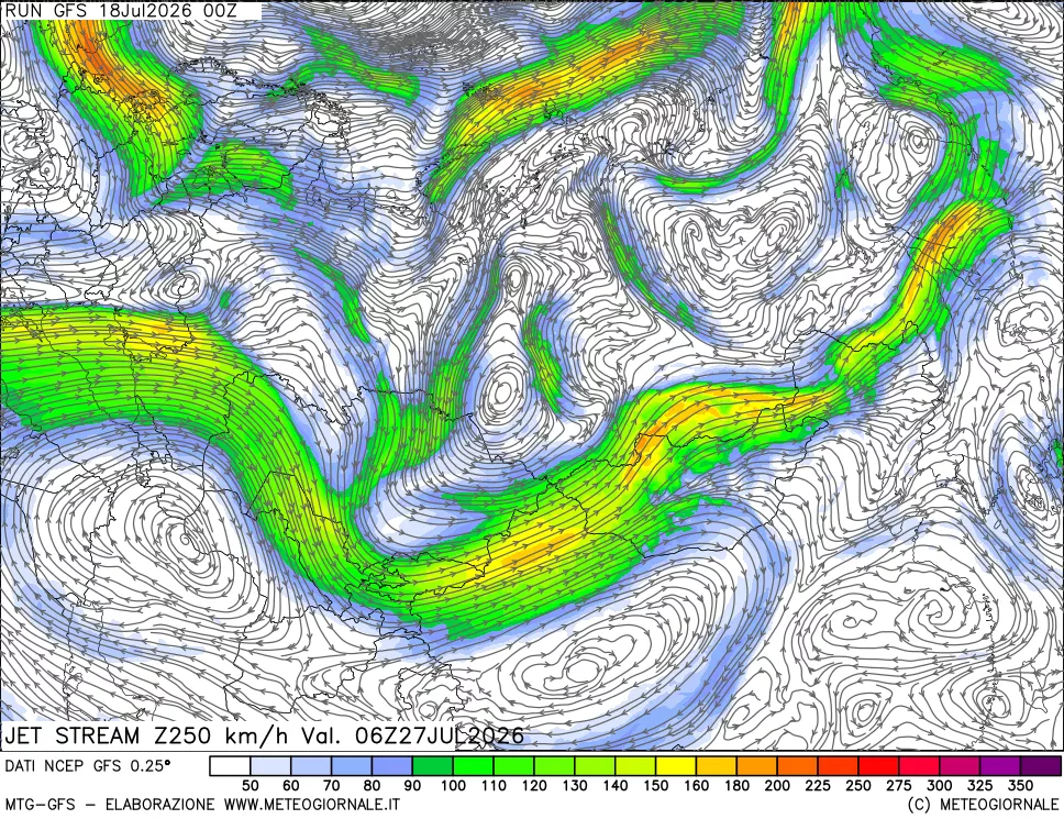 mappa 250 hPa Jet stream