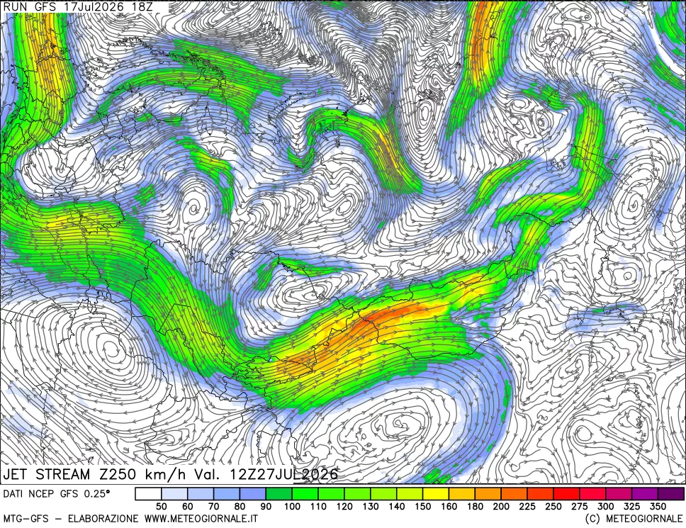 mappa 250 hPa Jet stream