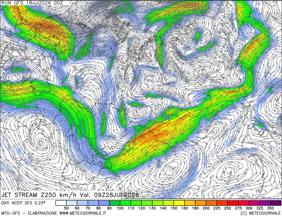 mappa 250 hPa Jet stream