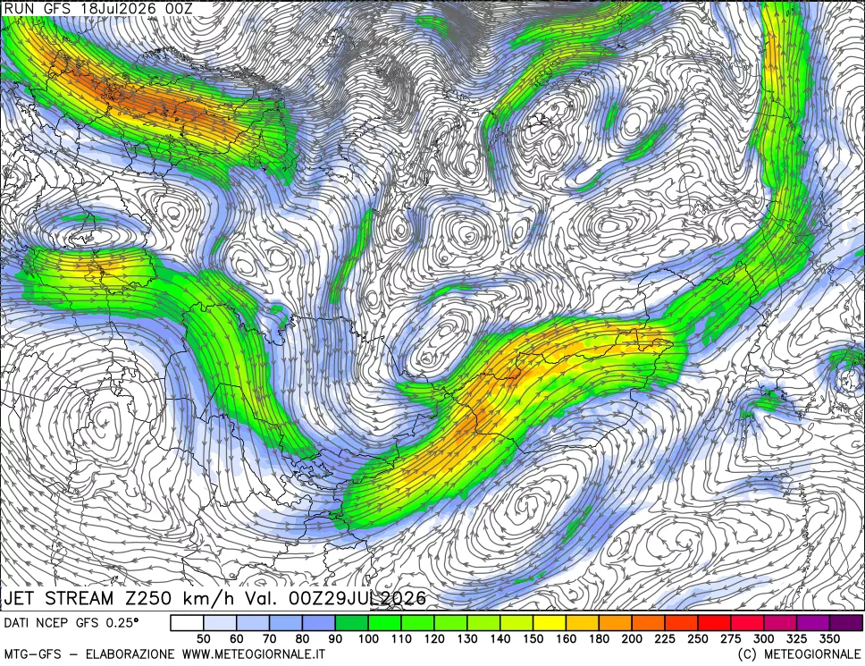 mappa 250 hPa Jet stream