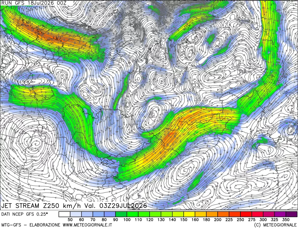 mappa 250 hPa Jet stream