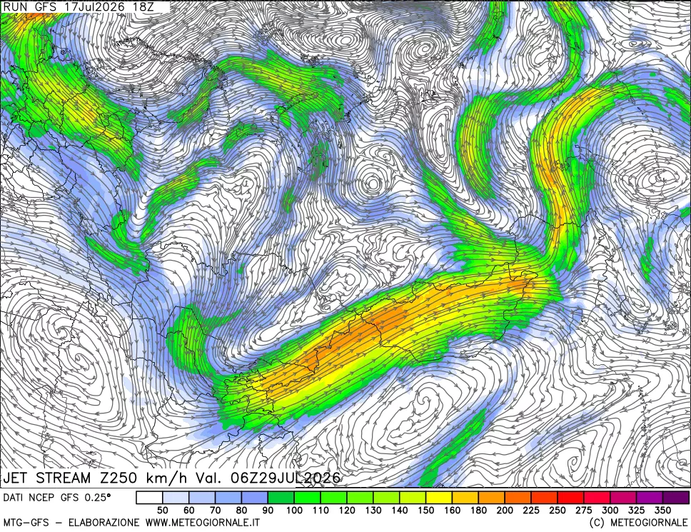 mappa 250 hPa Jet stream