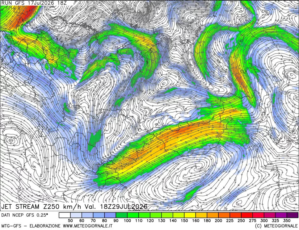 mappa 250 hPa Jet stream