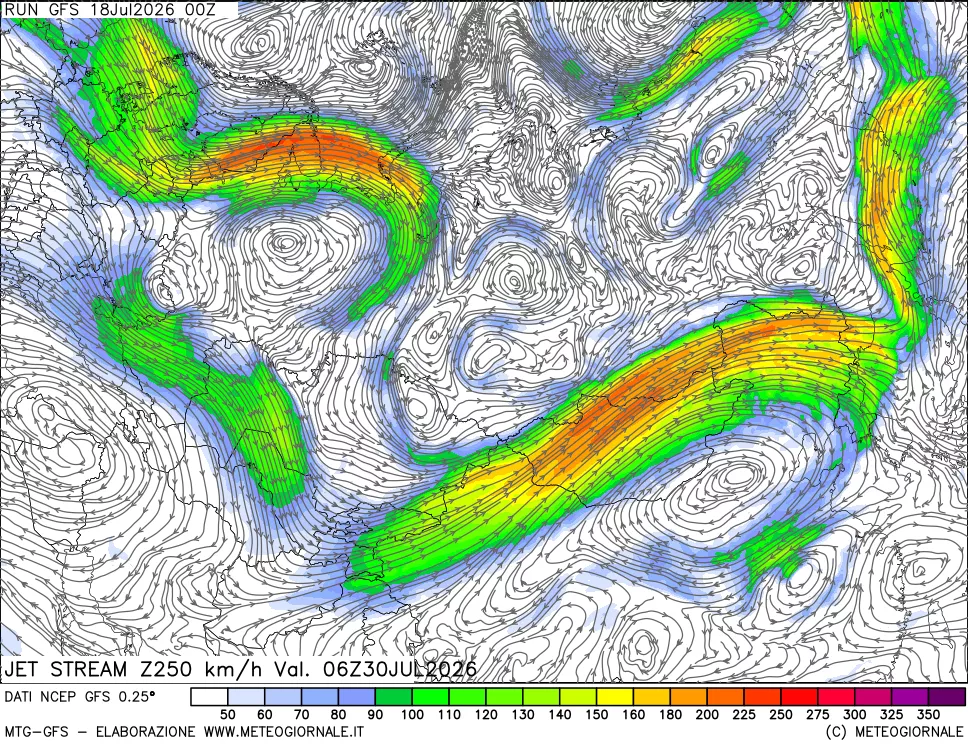 mappa 250 hPa Jet stream