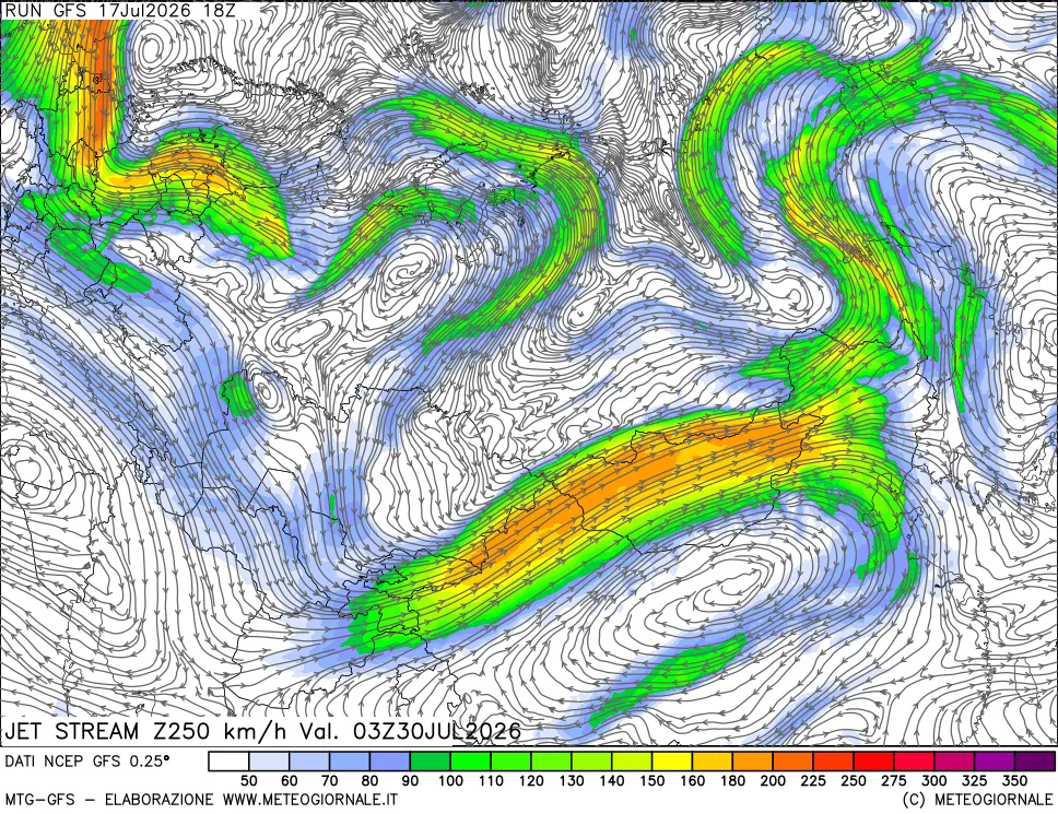 mappa 250 hPa Jet stream