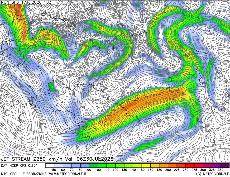 mappa 250 hPa Jet stream