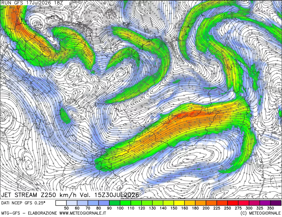 mappa 250 hPa Jet stream