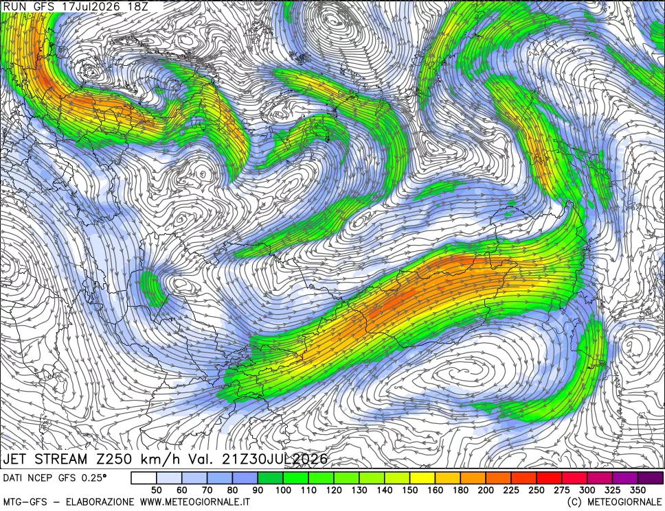 mappa 250 hPa Jet stream