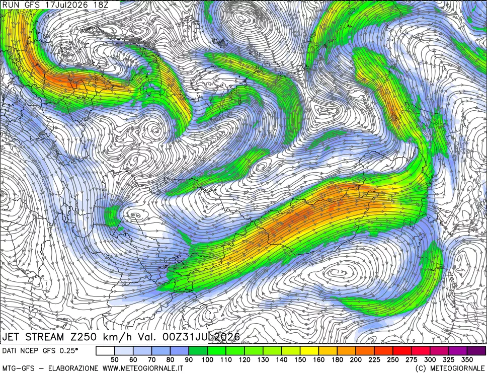 mappa 250 hPa Jet stream