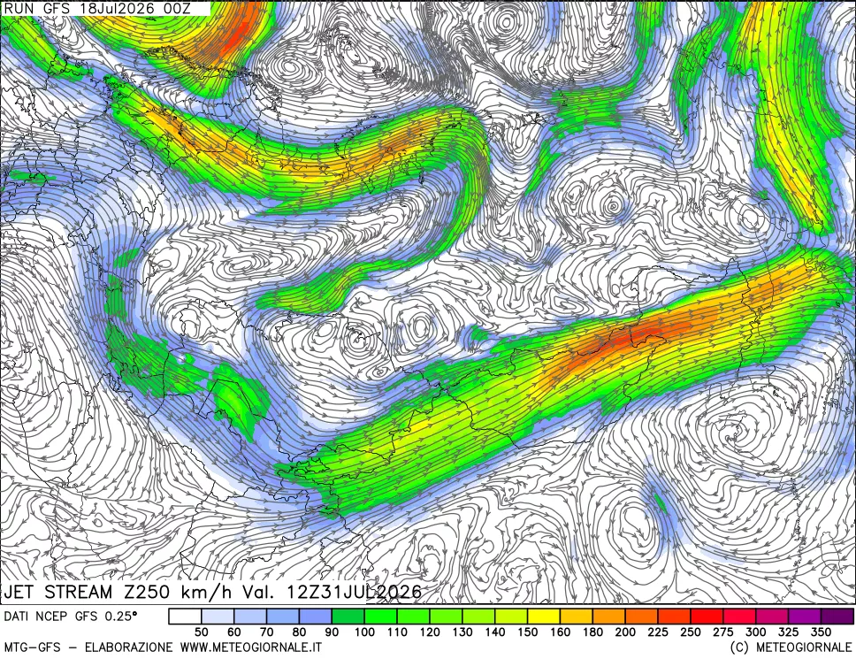 mappa 250 hPa Jet stream