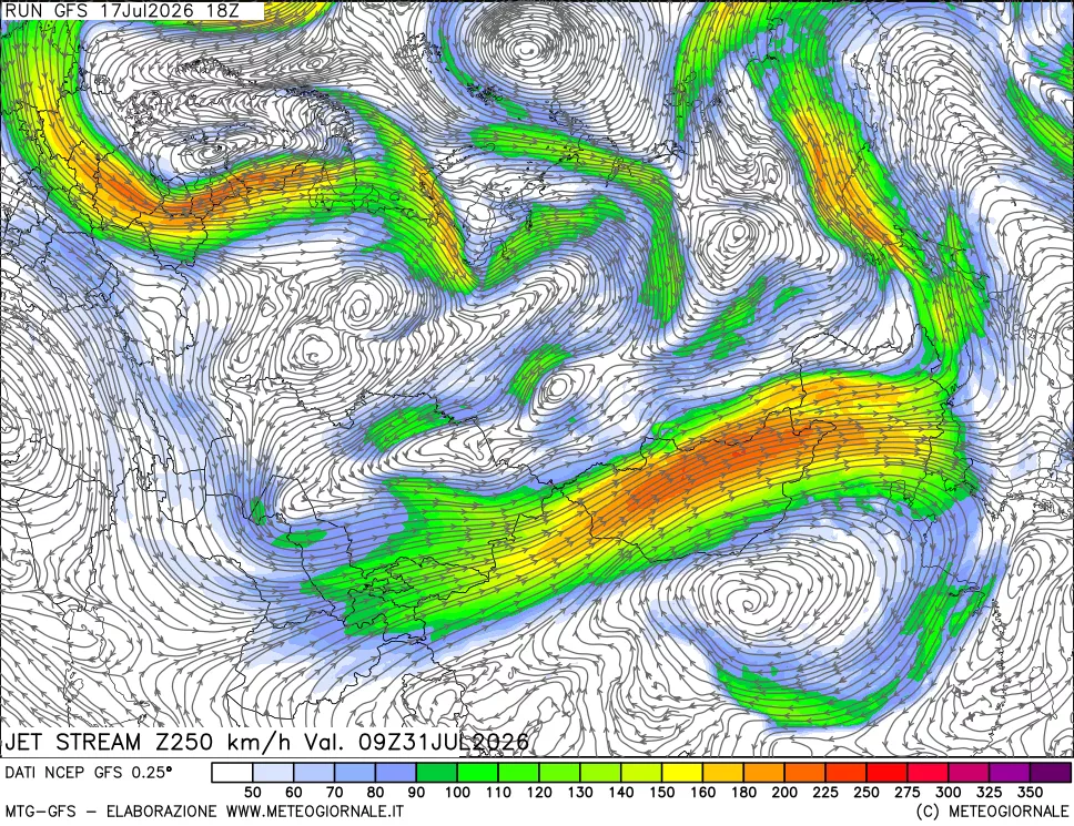 mappa 250 hPa Jet stream