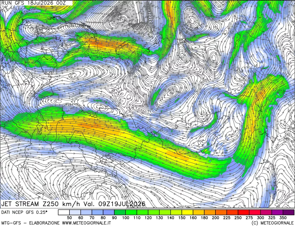 mappa 250 hPa Jet stream
