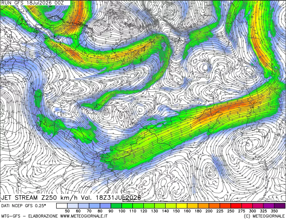 mappa 250 hPa Jet stream