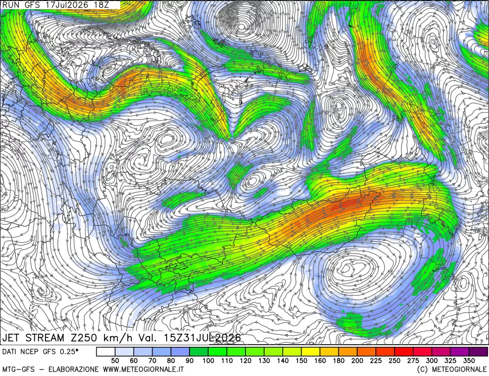 mappa 250 hPa Jet stream