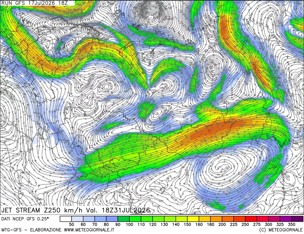 mappa 250 hPa Jet stream