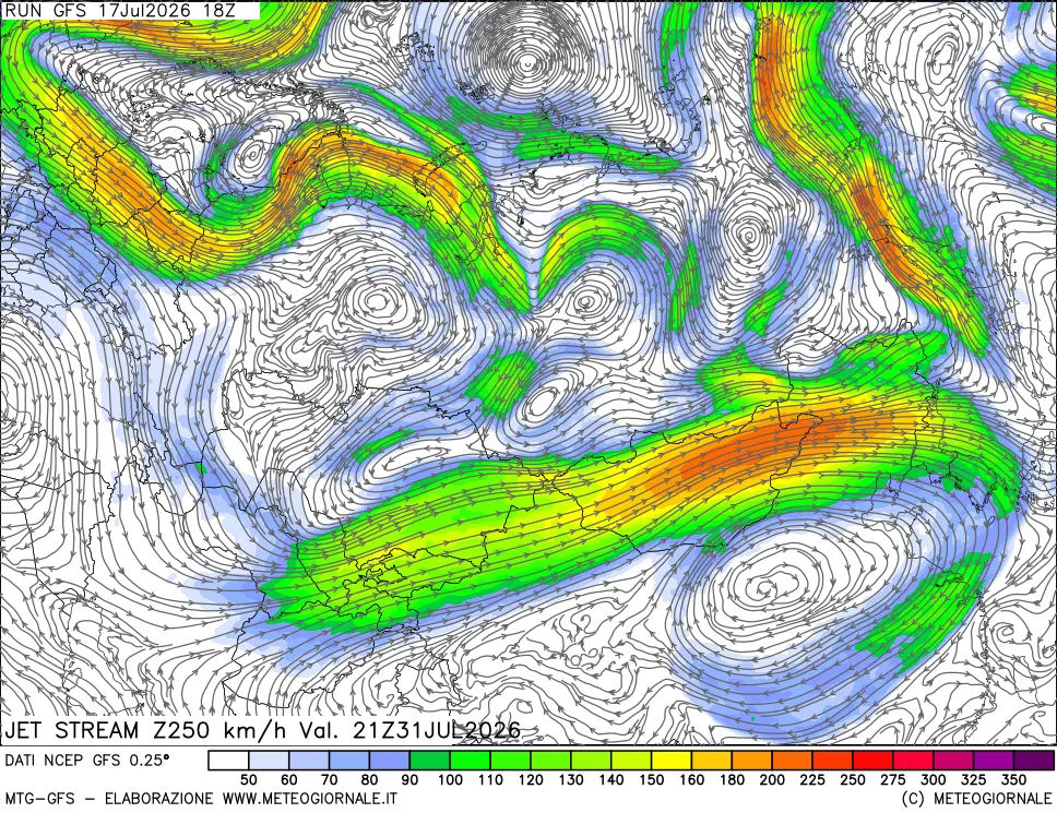 mappa 250 hPa Jet stream