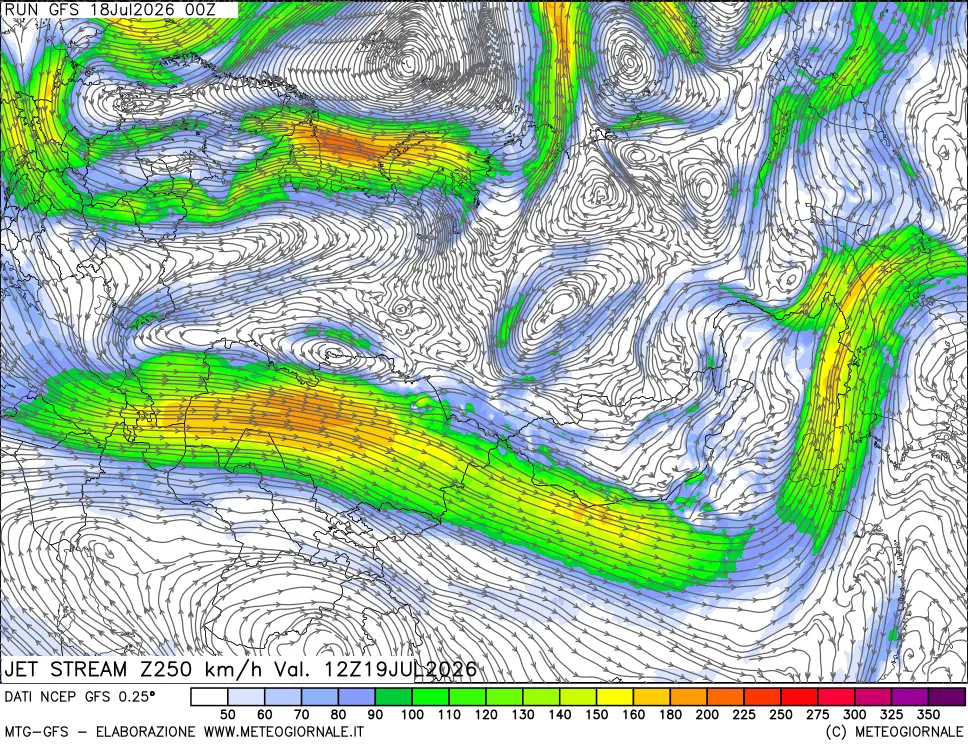 mappa 250 hPa Jet stream
