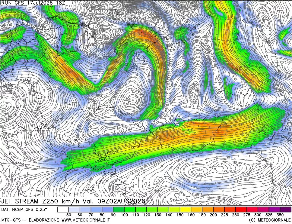 mappa 250 hPa Jet stream