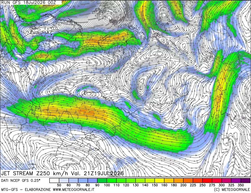 mappa 250 hPa Jet stream