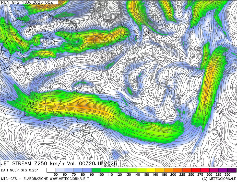 mappa 250 hPa Jet stream