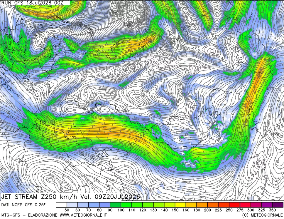 mappa 250 hPa Jet stream