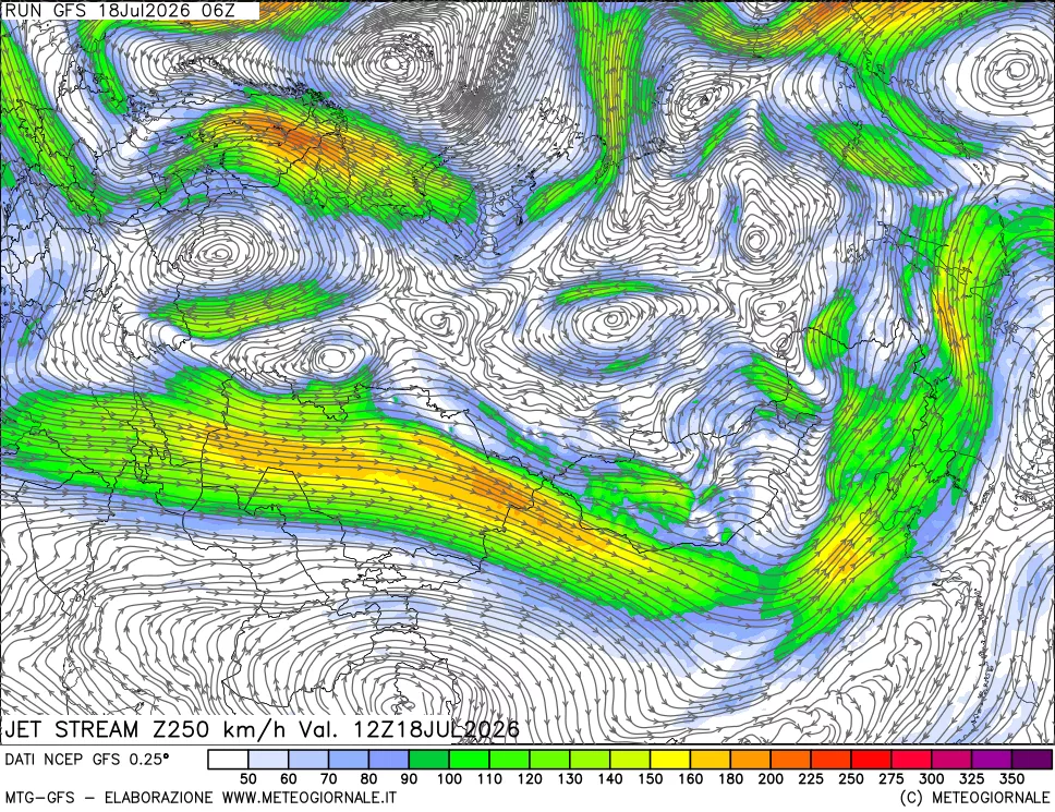 mappa 250 hPa Jet stream