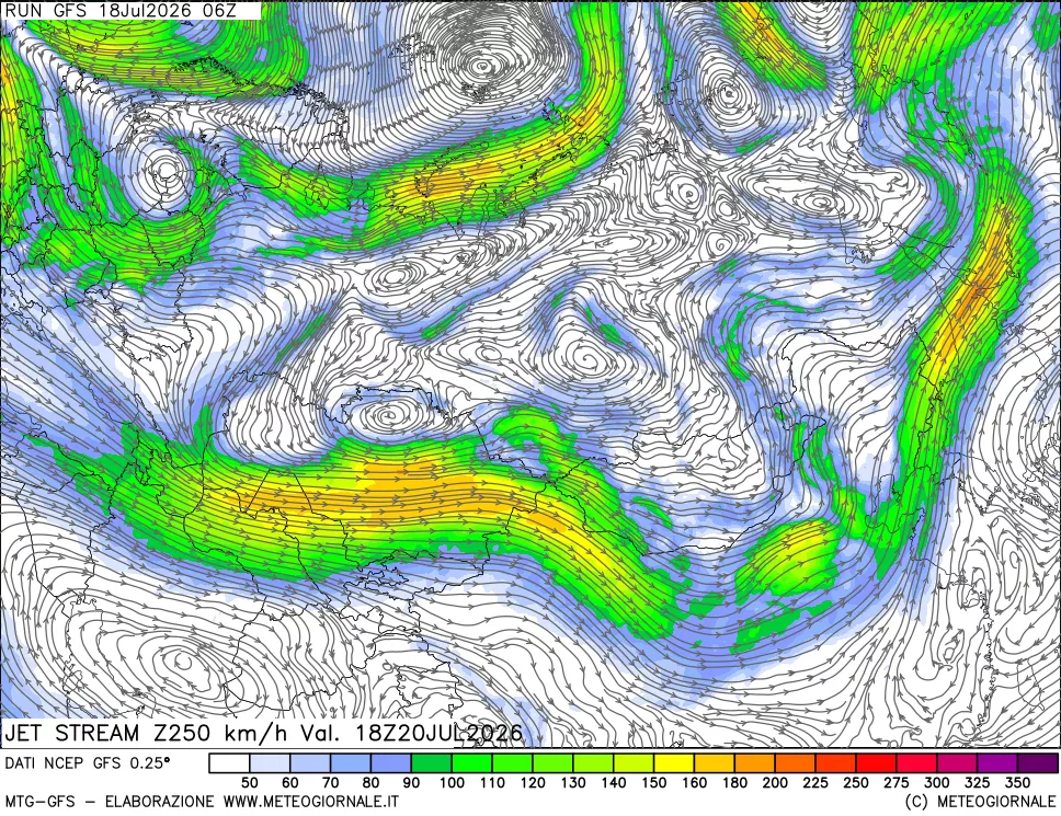 mappa 250 hPa Jet stream
