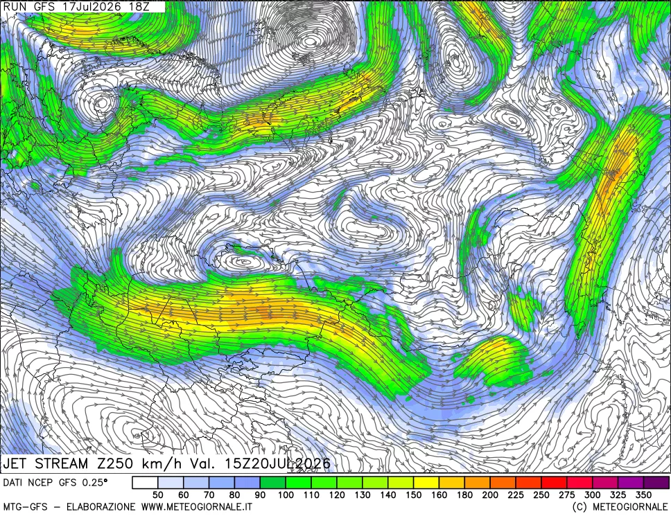mappa 250 hPa Jet stream