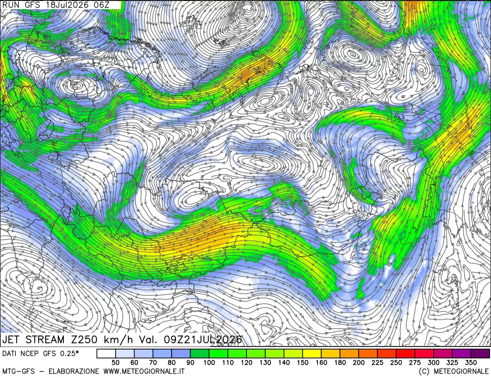 mappa 250 hPa Jet stream