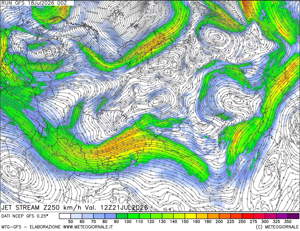 mappa 250 hPa Jet stream