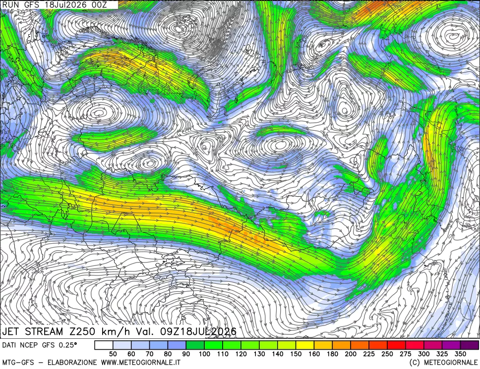 mappa 250 hPa Jet stream