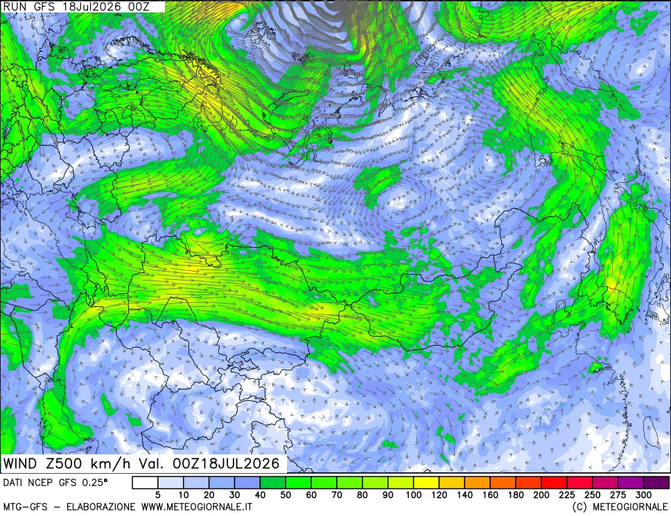 mappa 500 hPa Vento forza e direzione