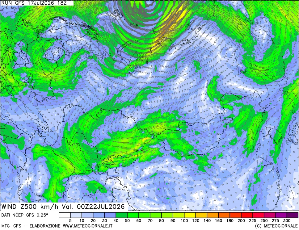mappa 500 hPa Vento forza e direzione