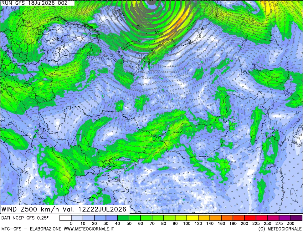 mappa 500 hPa Vento forza e direzione