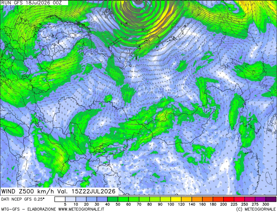 mappa 500 hPa Vento forza e direzione