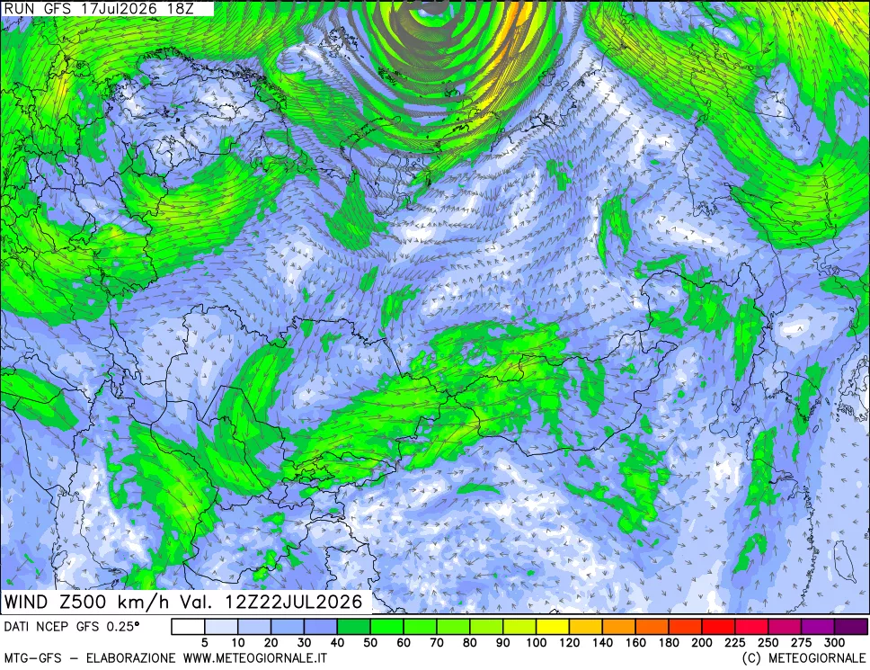 mappa 500 hPa Vento forza e direzione
